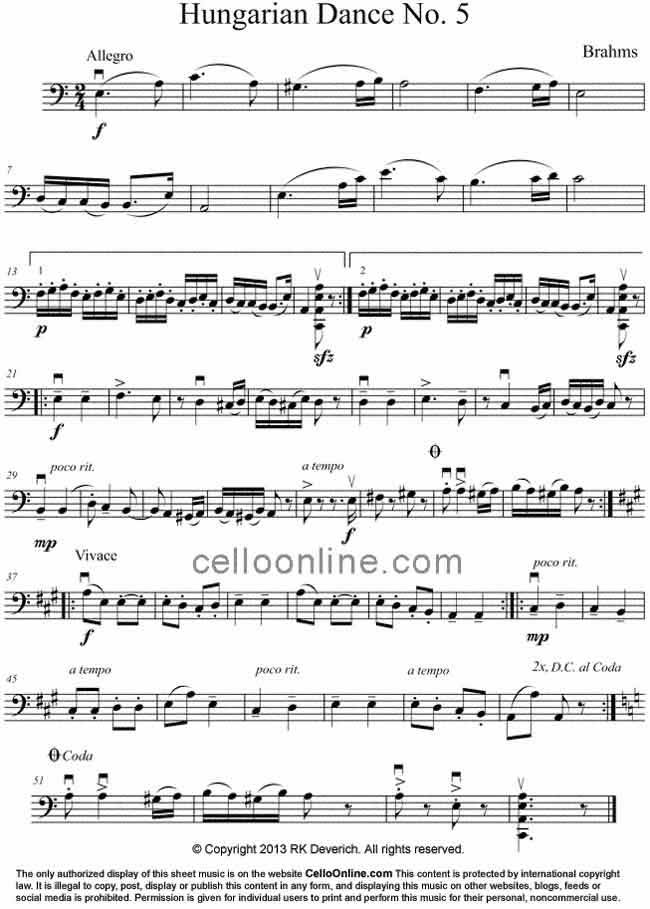 deeltje Bruin afbreken Cello Online Free Cello Sheet Music - Hungarian Dance No. 5 by Brahms